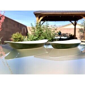 Vintage 1970s Hall 521 Au Gratin Ceramic Casserole Dish Green White Pair 9 1/8"